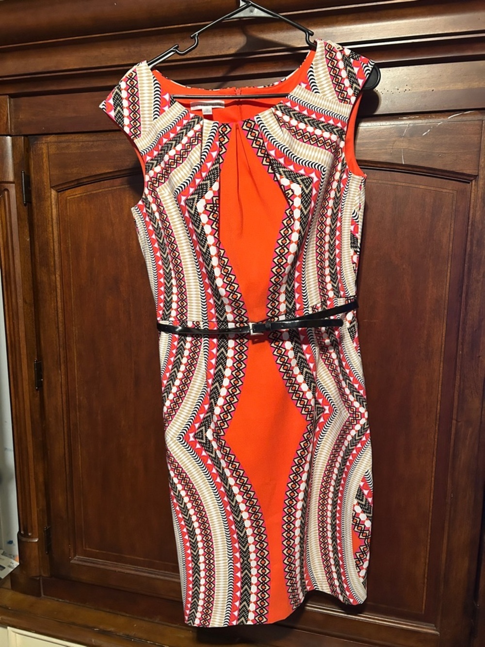 London Times Orange Geometric Midi Dress with Black Belt